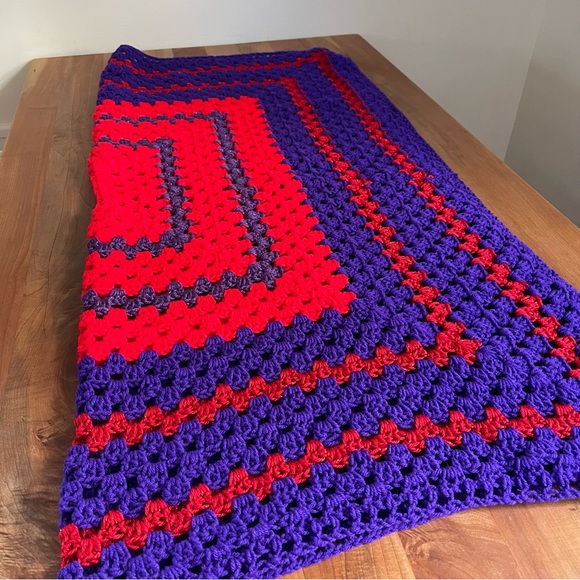 Vintage Handmade Crochet Granny Square Blanket Red Purple Metallic 47" x 47" - Picture 6 of 6